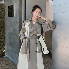 Stitching Contrast Drape Windbreaker British Style Fashion Over The Knee