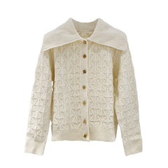 Temperament Lapel Gold Buckle Hollow Sweater Small Fragrance Cardigan