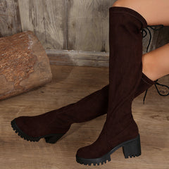 Sexy Leopard Over The Knee Boots With Back Lace-up Design  Socks Shoes Winter Chunky Heels Long Boots