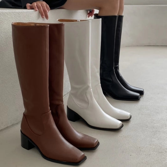 Simple Straight Square Head Below The Knee Long Boots Side Zipper