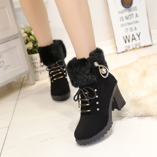 Plush Boots With Lace Up Heels