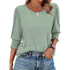 Womens Dressy Casual 3 4 Sleeve Tops Summer Trendy Puff-Sleeve Crew Neck Blouses With Smocked Cuffs