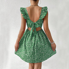 Summer Square-neck Ruffled Sleeveless Dress With Bow-tie Backless Design Fashion Casual Holiday Beach Dresses For Womens Clothing