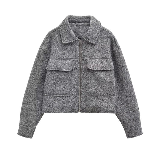Women's Fashion Polo Collar Pocket Long-sleeved Coat