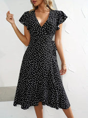 V-neck Printing Short Sleeve Skirt Tied Lotus Leaf Dress