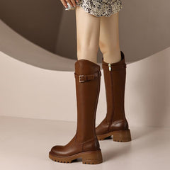 Leather Heel Knee Boots British Style Round Toe Chunky