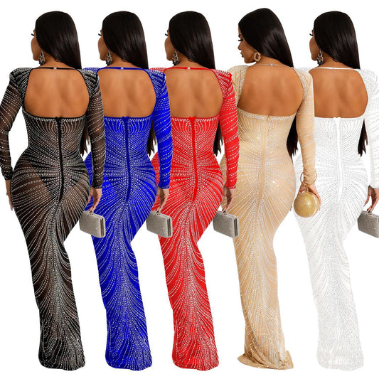 Women's Hot Drilling Mesh See-through Long Sleeve Dress