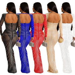 Women's Hot Drilling Mesh See-through Long Sleeve Dress