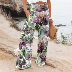 Women's Casual Wide-leg Cotton And Linen Printed Loose Trousers