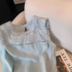 Lace Stitching Sleeveless Cotton And Linen Suit Women