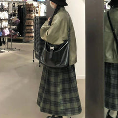 Vintage Wool Green Plaid Back Strap Matte Dress