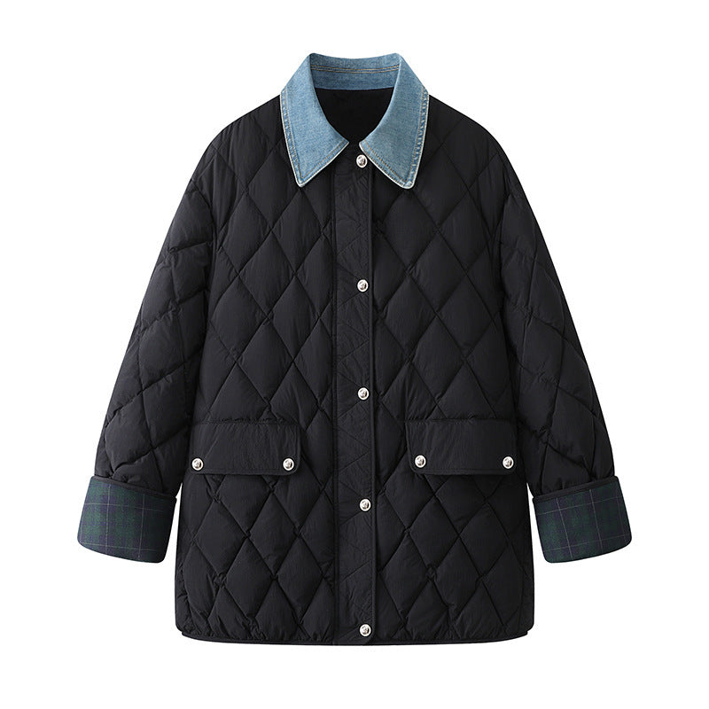 Denim Stitching Diamond Plaid Cotton Coat Jacket Women