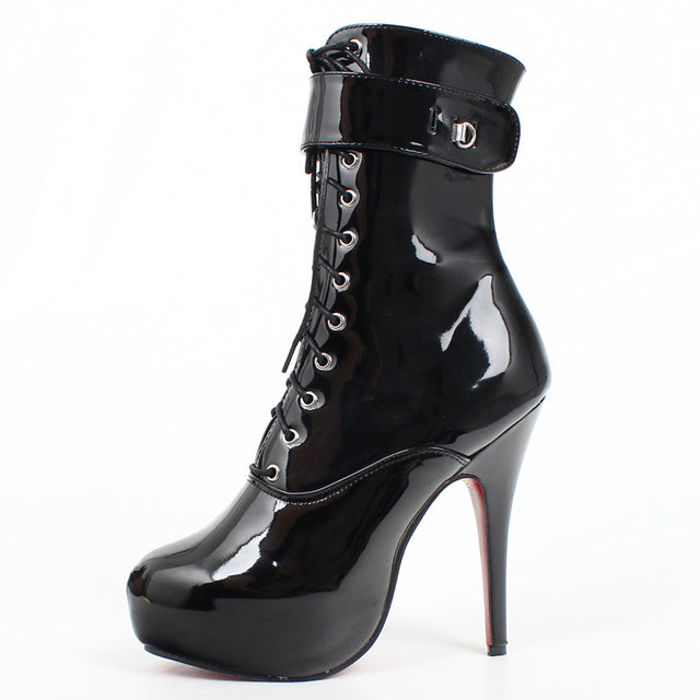 Women's Heel Platform Lace-Up Patent Leather Short Boots – view 2