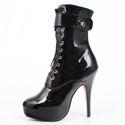 Women's Heel Platform Lace-Up Patent Leather Short Boots