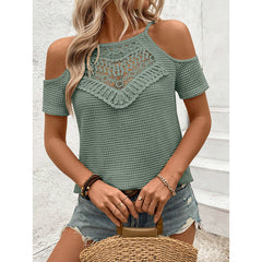 Womens Summer Cold Shoulder Tops Hollow Out Lace Crochet Short Sleeve Casual Blouse Top