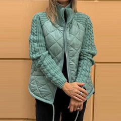 Winter Stand Collar Cotton Jacket With Pockets Fashion Knitted Stitching Zipper Coat Warm Tops For Women Clothing