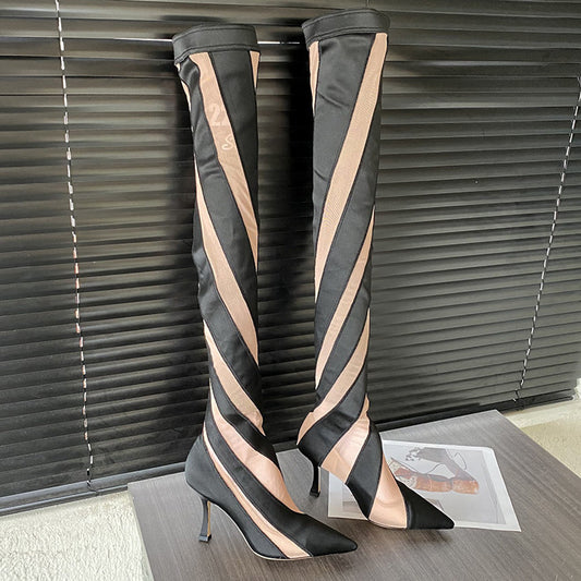 Pointed Heel Elastic Thread Stitching Mesh Long Tube Over The Knee Boots