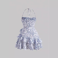 Dress Floral Flounce Halter Lace-up Sexy Waist Trimming