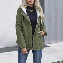 Fleece-lined Hooded Coat Winter Preppy Style Long Sleeve Jacket Warm Pockets Cotton Coat Women's Clothing