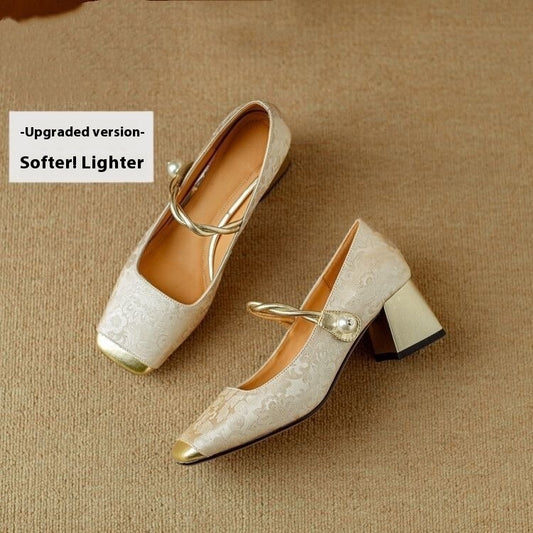 Embossed Silk Kitten Heels Matching Square Head With Thick