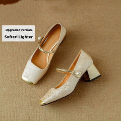Embossed Silk Kitten Heels Matching Square Head With Thick