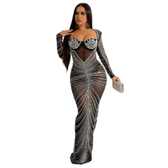Women's Hot Drilling Mesh See-through Long Sleeve Dress