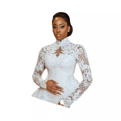 African Bridal Lace Long Sleeve Stand Collar Wedding Dress
