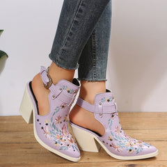 Personalized Retro Embroidery Rivet High Heels Chunky Heel