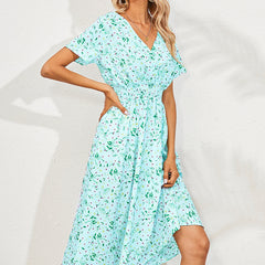 Summer Floral Print Short Sleeved V-neck High Waisted Dress A-line Skirt Mid Length Skirt