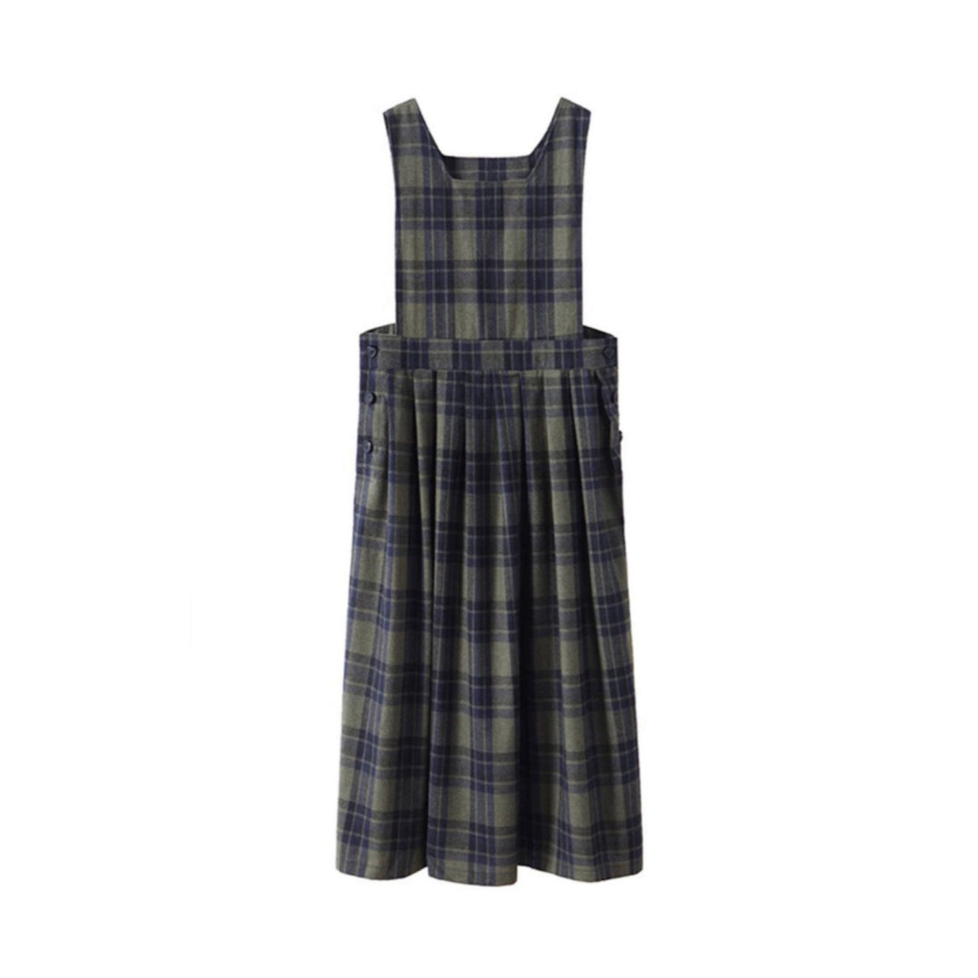 Vintage Wool Green Plaid Back Strap Matte Dress