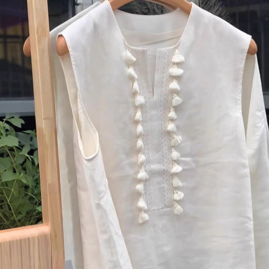 Linen Vest For Women Mid-length Unique Tassel Sleeveless Shirt Summer