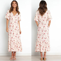 New Sexy Deep V Short Sleeve Printed Pleated Dress