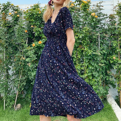 Summer Floral Print Short Sleeved V-neck High Waisted Dress A-line Skirt Mid Length Skirt