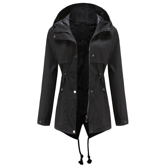 Windbreaker Mid-length Hooded Jacket With Waist Waist Outdoor Raincoat