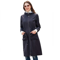 Long Casual Windbreaker Women's Waterproof Hooded Solid Color  Striped Lining Straight Coat
