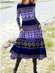 Popular Floral Print Pocket Round Neck Dress