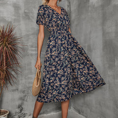 Summer Floral Print Short Sleeved V-neck High Waisted Dress A-line Skirt Mid Length Skirt