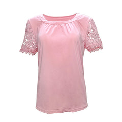 Womens Lace Short Sleeve Crew Neck T Shirts Summer Casual Tops Loose Fit Tees Blouses
