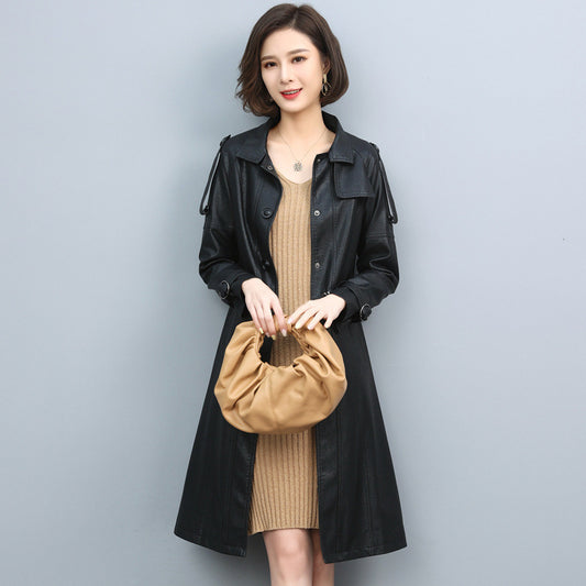 Women Leather Trench Spring Turn-down Collar Solid Color Drawstring Loose Long Sheepskin Coat