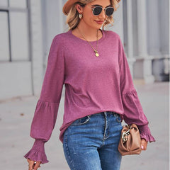 Women's Tops Round Neck Pleated Lantern Sleeve Women's Long European And American T-shirt