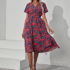 Summer Floral Print Short Sleeved V-neck High Waisted Dress A-line Skirt Mid Length Skirt