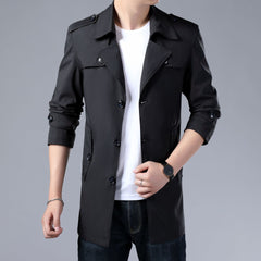 Spring And Autumn Men's Trench Coat With Buttons  Jacket Slim Regular Classic Jacket