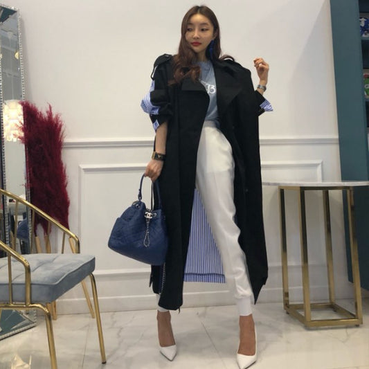 Lapel tie striped trench coat