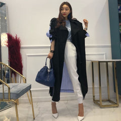 Lapel tie striped trench coat