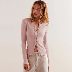 Round Neck Button Rib Solid Color Autumn And Winter Warm Cardigan Jacket For Women
