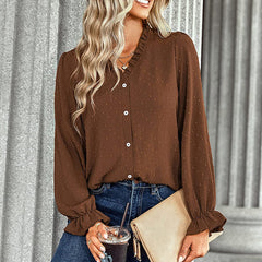 Women's Temperament V-neck Single Row Multi-button Flared Sleeve Loose Long-sleeved Shirt