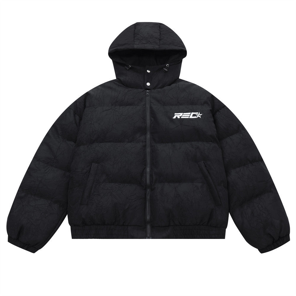 Texture Pleated Warm Thick Loose Hooded Cotton Puffer Coat