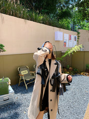 European Version Loose British Style Khaki Windbreaker Bow Fake Two Piece Splicing Long Coat