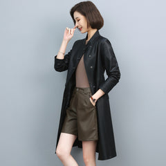Women Leather Trench Spring Turn-down Collar Solid Color Drawstring Loose Long Sheepskin Coat