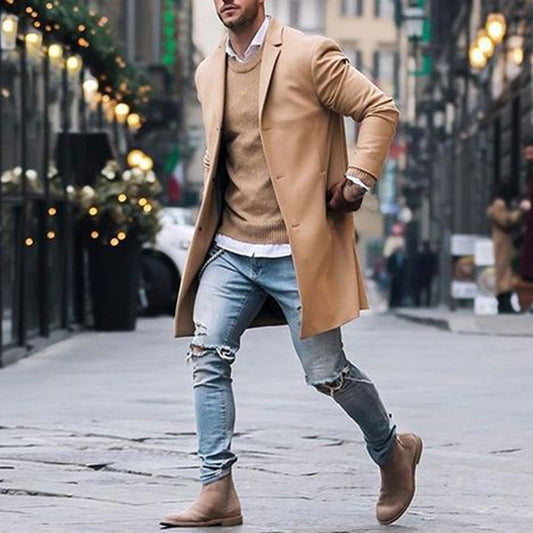 Winter Men's Trench Long Jackets Coats Overcoat Classic Jackets Solid Slim Fit Outwear Hombre Men Clothes Khaki Black